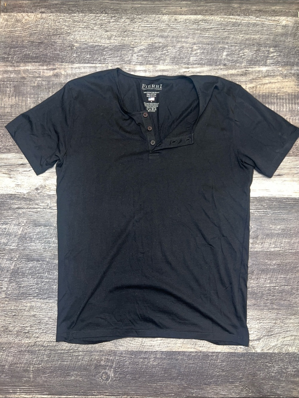 Fieri Sebastian Fieri Men’s Black Pima Cotton Henley T-Shirt Medium